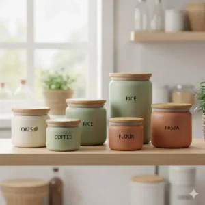 An eco-friendly ceramic container set designed for sustainable pantry storage.