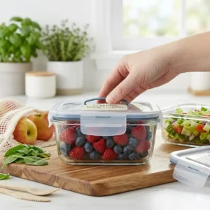 Sustainable and plastic free 3 cup glass storage container for an eco-friendly lifestyle.