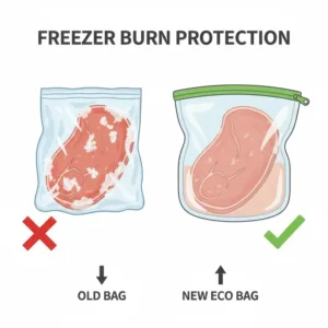 Illustration of meat protected from freezer burn by thick eco friendly freezer bags.