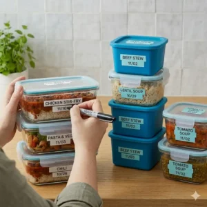 Hands using a marker to write dates and meal names on single serving freezer containers.