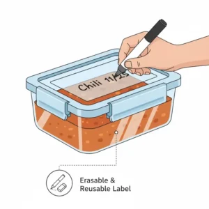 An illustration of writing a date on the erasable surface of plastic freezer cartons for easy organization.