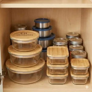 Illustration 6: Neatly organized pantry shelves featuring stackable plastic free food storage containers made of glass and wood.