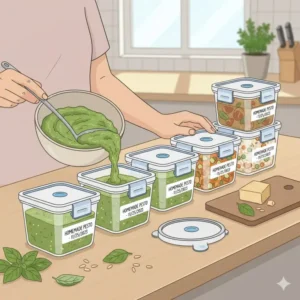 A row of eight 2 cup freezer containers being filled with fresh pesto for long-term storage and batch cooking.