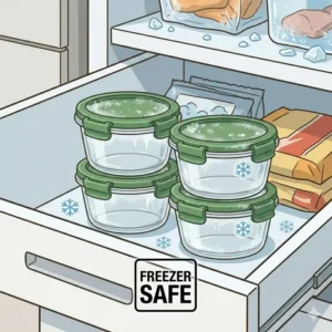 Organized freezer drawer with stacked 1 2 cup containers with lids for food preservation.