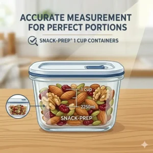 An illustration of 1 cup food storage containers showing side measurement markings for accurate serving sizes.