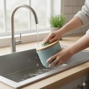 A person washing a durable ceramic container in a bright kitchen sink.