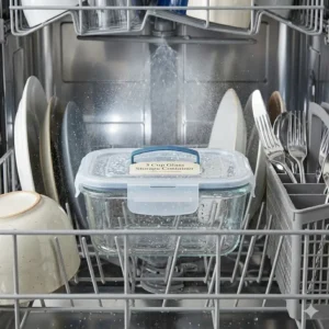 A 3 cup glass storage container being cleaned in the bottom rack of a dishwasher.