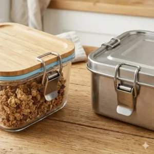 Illustration 7: Close-up of heavy-duty latches on premium glass and stainless steel plastic free food storage containers.