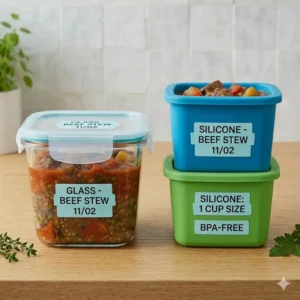 Side-by-side comparison of glass and BPA-free plastic single serving freezer containers for long-term food storage.