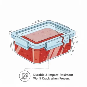Illustration demonstrating that high-quality plastic freezer cartons are impact-resistant and will not crack when frozen.