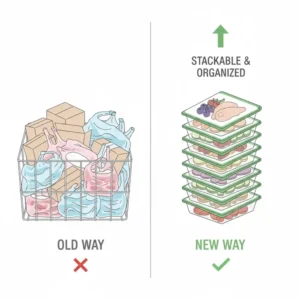 A tidy stack of eco friendly freezer bags demonstrating space-saving benefits.