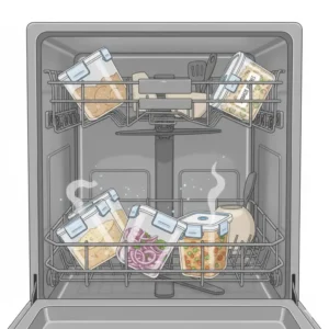Several 2 cup freezer containers upside down on the top rack of a dishwasher for easy cleaning.