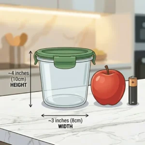 Size comparison of 1 2 cup containers with lids next to an apple to show scale.