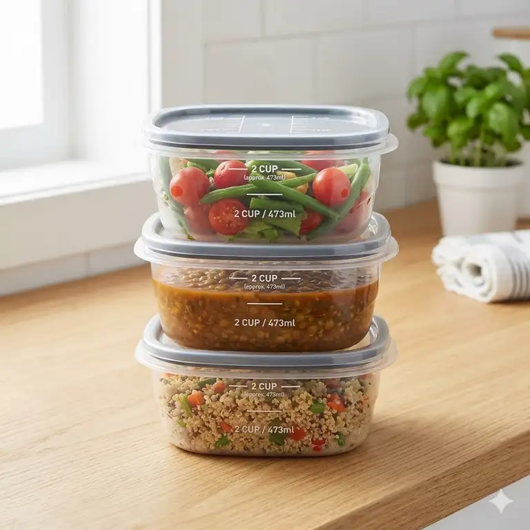 A premium set of 2 cup food storage containers with airtight lids on a kitchen counter.