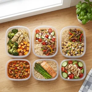 Healthy meal prep portions inside clear 2 cup food storage containers.