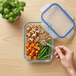 Organized refrigerator shelves with stacked 2 cup food storage containers.