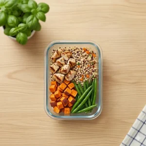 A microwave safe 2 cup food storage container being used to reheat food.