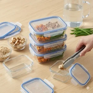 High quality glass 2 cup food storage containers showing the leak proof seal.