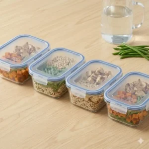 Empty 2 cup food storage containers nested together to save kitchen cabinet space.