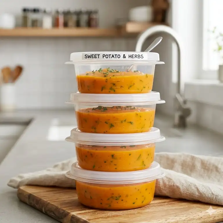 A stack of clear 8 oz freezer containers filled with colorful homemade baby food and herbs on a kitchen counter.