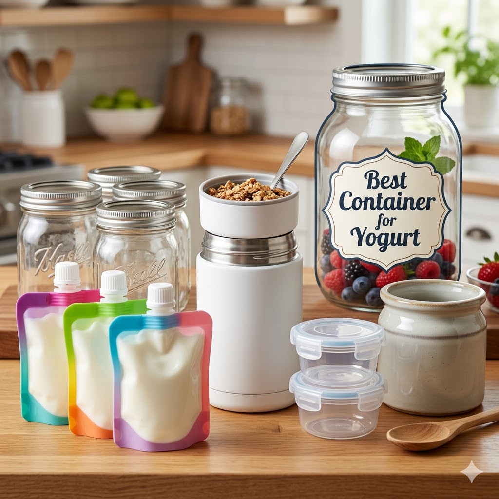 A wide variety of storage options including glass jars, silicone pouches, and insulated stainless steel tubs to help you choose the best container for yogurt.