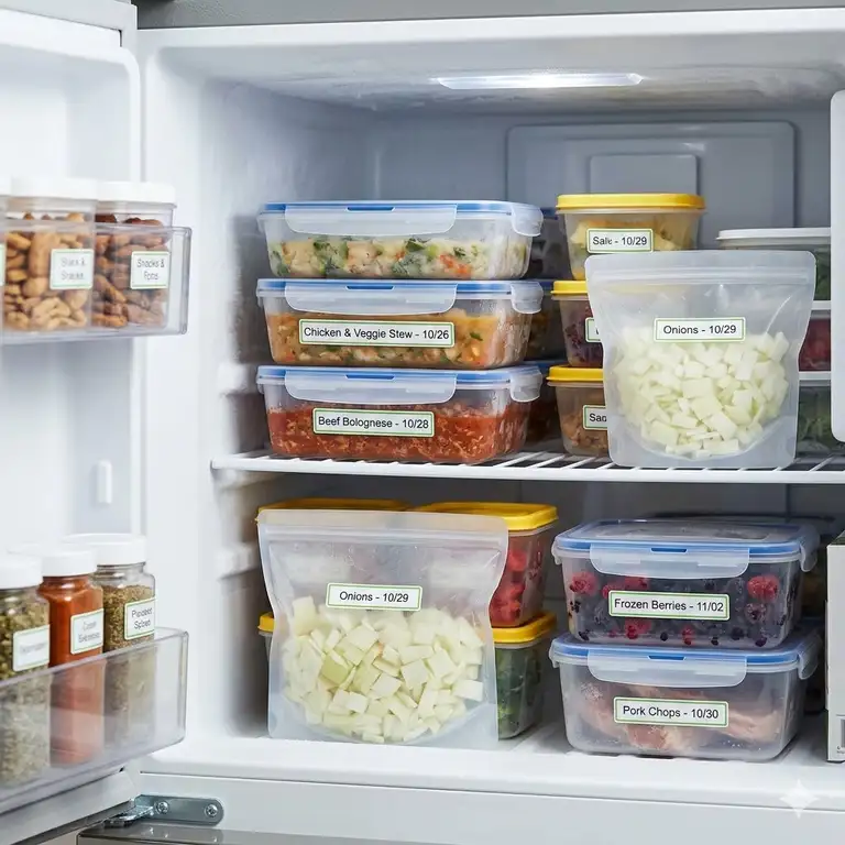 A well-organized home freezer stocked with various types of BPA-free freezer plastic containers labeled for meal prep.