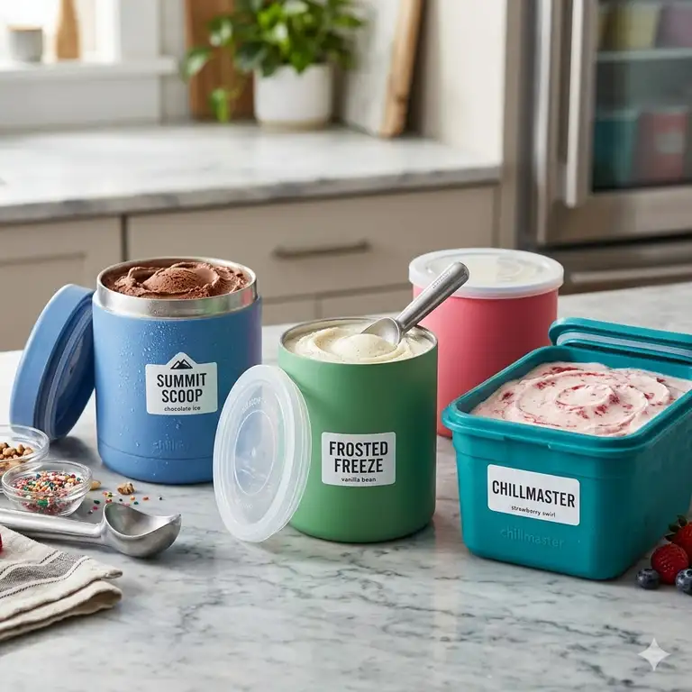 A variety of colorful freezer safe containers for ice cream filled with homemade gelato and sorbet on a kitchen counter.