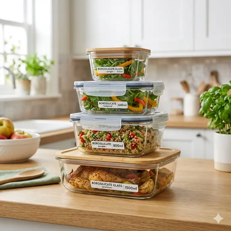 A premium set of borosilicate food containers with bamboo lids arranged on a kitchen counter.