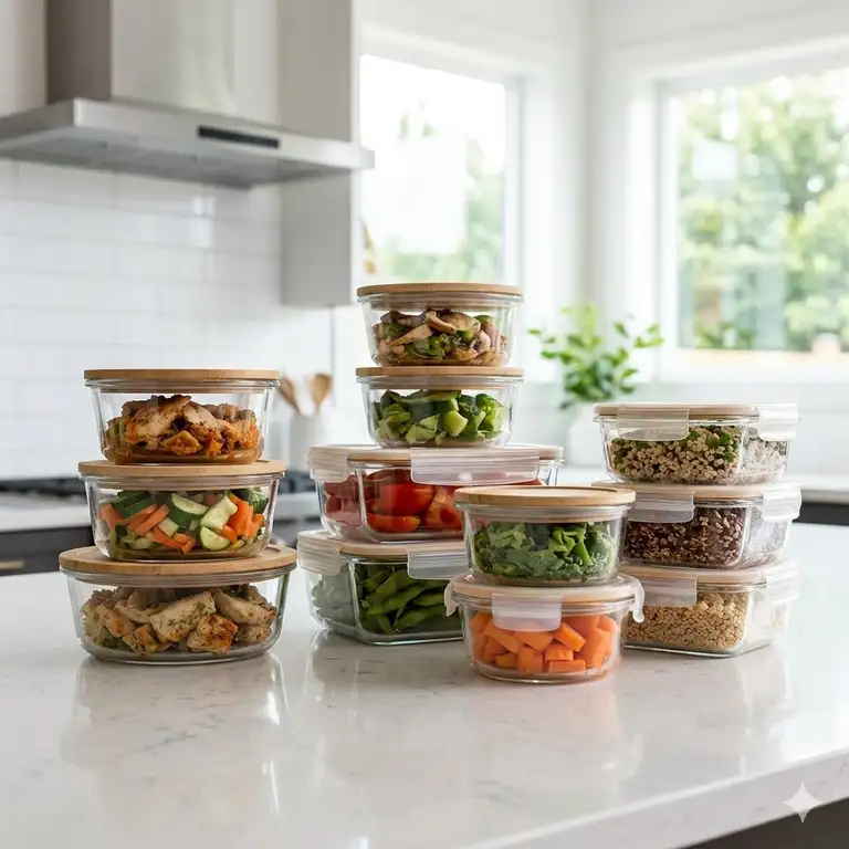 A complete set of various sized borosilicate glass storage containers with airtight lids arranged on a modern kitchen counter.