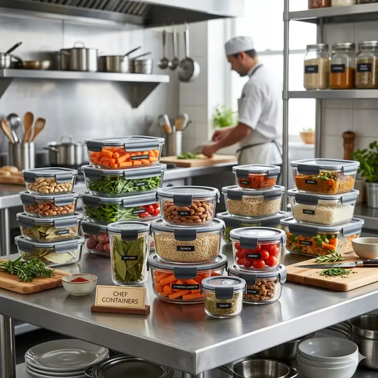 A complete set of professional-grade chef containers organized on a stainless steel kitchen counter.