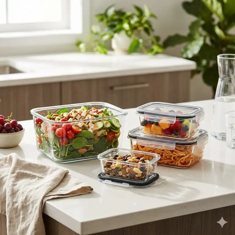 A variety of healthy meals prepared in several rectangular glass food containers on a bright kitchen counter.