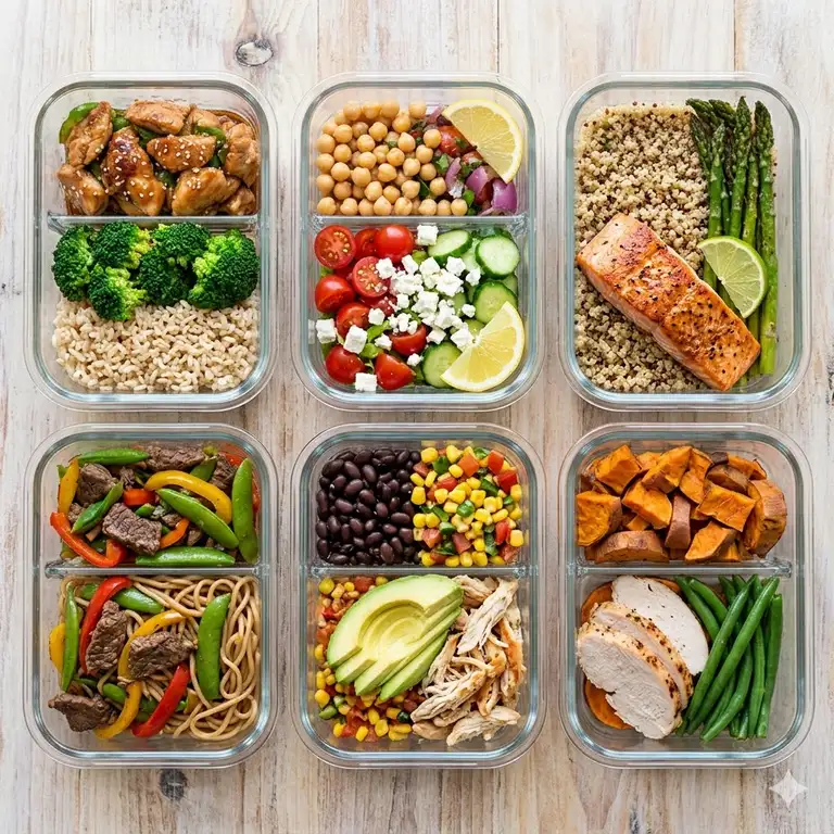 A variety of healthy food options inside a prep meal lunch box set for weekly planning.