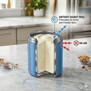 Illustration showing how an airtight lid on freezer safe containers for ice cream prevents freezer burn.