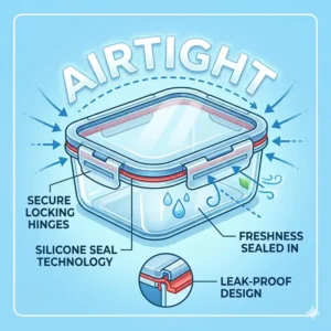 Infographic showing the airtight silicone seal and locking hinges of rectangular glass food containers.