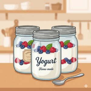 Illustration of clear glass mason jars with airtight lids, a classic and plastic-free choice for the best container for yogurt storage.