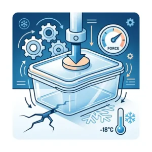 Illustration showing the flexible, crack-resistant property of high-quality freezer plastic material under sub-zero temperatures.