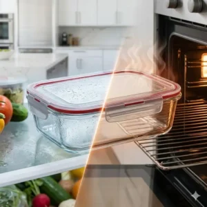Illustration showing a borosilicate glass storage dish transitioning safely from a cold refrigerator to a hot preheated oven.