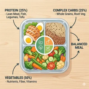Diagram showing the ideal balanced nutritional portions for a prep meal lunch box.