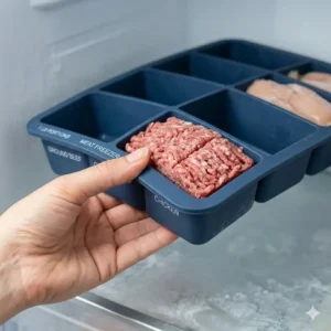 Illustration 1: Individual one-pound sections of ground beef being popped out of a flexible freezer tray for easy meal prep.