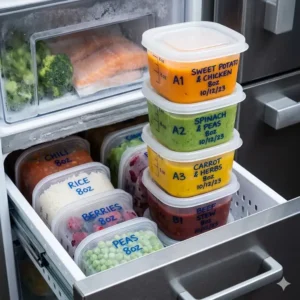 An illustration showing how 8 oz freezer containers stack neatly inside a freezer drawer to maximize storage space.