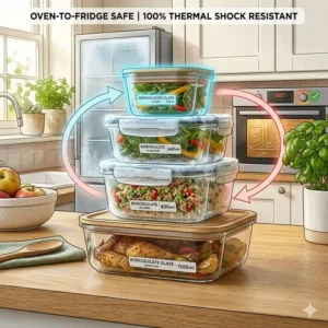 Diagram showing the oven-to-fridge thermal shock resistance of borosilicate food containers.
