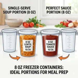 A side-by-side comparison illustration showing 8 oz freezer containers used for perfect single-serve portions of soup and sauce.