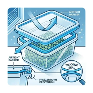 Close-up diagram of an airtight silicone seal on a freezer plastic lid to prevent freezer burn.