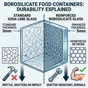Close-up comparison highlighting the glass thickness and durability of borosilicate food containers.