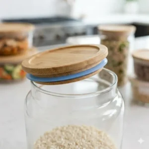 Close-up view of the silicone seal on a borosilicate glass storage jar ensuring leak-proof and airtight food preservation.