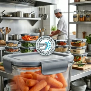 Close-up of the airtight locking lid on chef containers designed to keep ingredients fresh for longer.