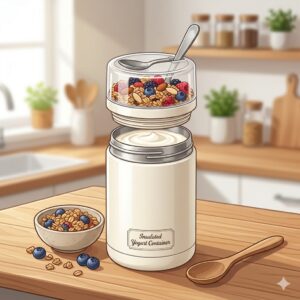 A double-walled insulated thermos with a separate toppings compartment, designed as the best container for yogurt on the go.