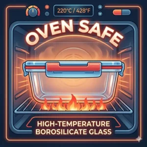 A technical diagram of rectangular glass food containers being used safely inside a high-temperature oven.