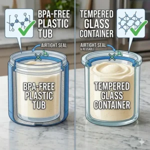 Comparison of BPA-free plastic and glass freezer safe containers for ice cream storage.