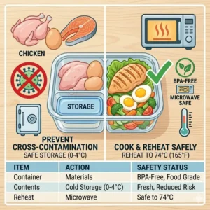 Safety icons for microwave and dishwasher use on a glass prep meal lunch box.